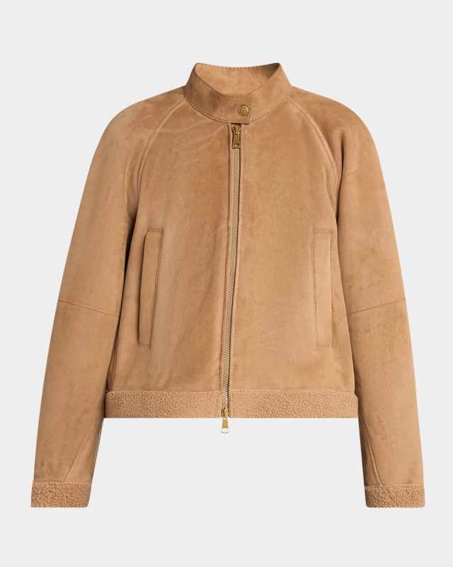 Vougeot Suede Short Down Combo Jacket with Teddy Trim